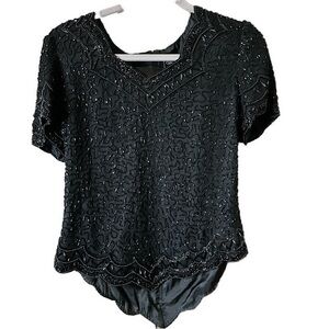 Vintage Côte d’Azur Evening Women’s Black Beaded Silk Short Sleeve Tunic Size M